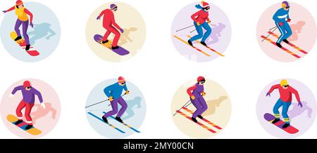 Icônes de station de ski isométrique avec des sportifs faisant des sports extrêmes illustration vectorielle isolée Illustration de Vecteur