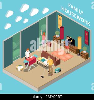 Maison chores composition isométrique avec les membres de la famille nettoyage murs essuyant la poussière des meubles passer l'aspirateur au sol repassage vêtements illustration vectorielle Illustration de Vecteur