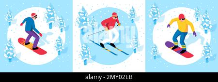 Concept de station de ski isométrique avec illustrations vectorielles isolées pour les sportifs qui skient et snowboarding Illustration de Vecteur