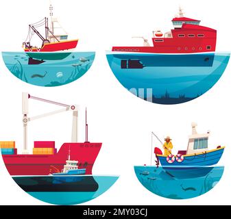 Icônes de navires de croisière et de fret avec symboles marins vecteur isolé plat ilustrate Illustration de Vecteur