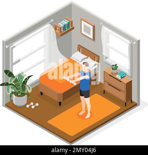 Personnes matin composition isométrique de routine avec l'homme faisant des exercices dans sa pièce illustration vectorielle Illustration de Vecteur