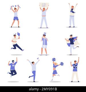 Fans de sport et meneurs de gaieté avec pompons affiches drapeaux foulards jeu de couleurs plat isolé sur fond blanc illustration vectorielle Illustration de Vecteur