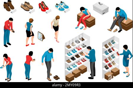 Isométrique chaussures magasin icônes ensemble avec des hommes et des femmes choisissant des chaussures illustration vectorielle isolée Illustration de Vecteur