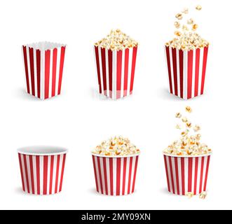 Icônes de pop-corn réalistes avec des emballages en carton pleins et vides et des seaux illustration vectorielle isolée Illustration de Vecteur