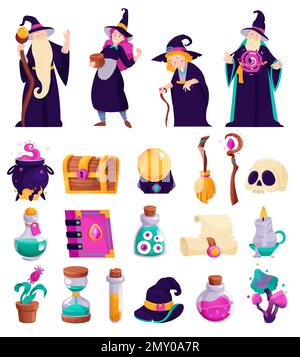 Icônes de dessin animé magique ensemble avec assistant et accessoires de sorcière illustration vectorielle isolée Illustration de Vecteur