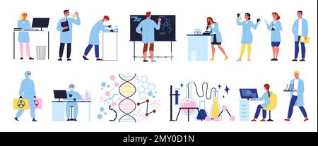 Icônes plates de laboratoire scientifique ensemble avec des scientifiques en uniforme faisant des expériences illustration de vecteur isolé Illustration de Vecteur