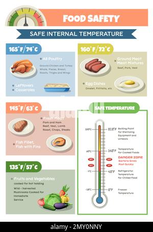Infographies HACCP sur la sécurité alimentaire avec texte modifiable et thermomètre avec sections à code couleur pour une illustration du vecteur de température sécuritaire Illustration de Vecteur