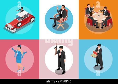 Mafia Isomistric concept set de six compositions carrées représentant des personnes avec des armes et l'illustration de vecteur de grande monnaie Illustration de Vecteur