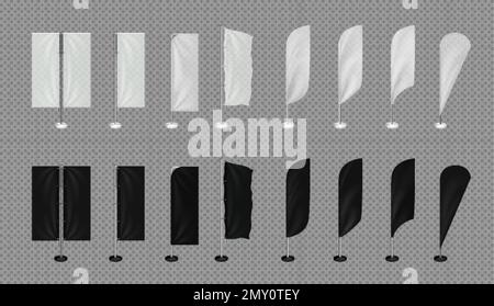 Plume publicité drapeau maquette réaliste ensemble avec image isolée de pennons appariés et uniques sur les poteaux illustration vectorielle Illustration de Vecteur