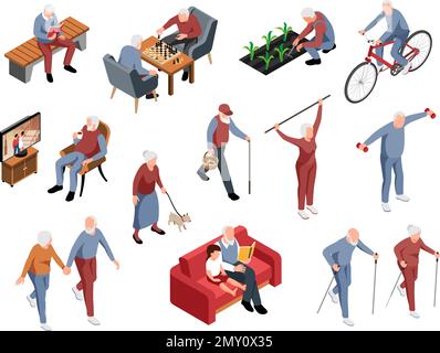 Isométrique Old People activité icône ensemble personnes âgées lire des livres jouer échecs prendre soin de plantules regarder la télévision aller pour les promenades jouer sport vecteur illustrati Illustration de Vecteur