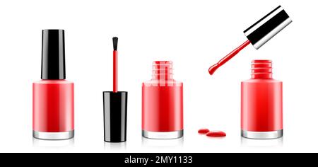 Jeu de vernis à ongles rouge brillant, flacons ouverts et fermés avec brosse et goutte, isolés sur fond blanc. Vernis Beauté mode. Réaliste détaillé 3D Illustration de Vecteur