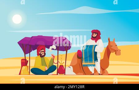 Poster de dessin animé dans le désert avec des gens dans des vêtements arabes traditionnels et illustration de vecteur de chameau Illustration de Vecteur