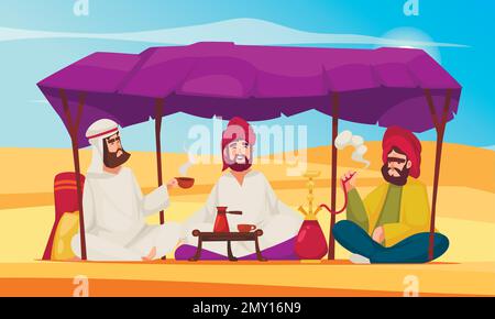 Scène de dessin animé de la vie du désert avec des gens en vêtements traditionnels boire du café et fumer narguilé illustration vectorielle Illustration de Vecteur