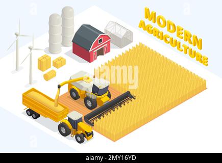 Isométrique composition agricole moderne avec moissonneuse automatique de blé serres éoliennes grange 3D illustration vectorielle Illustration de Vecteur