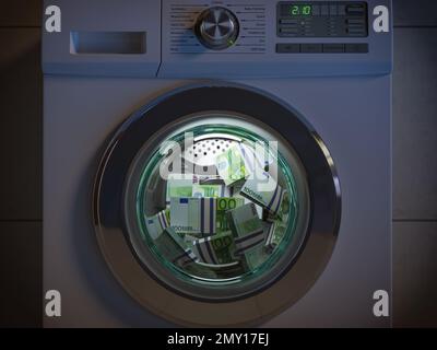 Concept de blanchiment d'argent sale. Euro packs blanchiment en lave-linge sous clioud de nuit. 3d illustration Banque D'Images