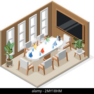 Diplomatie isolée isométrique et composition diplomatique longue table de conférence blanche dans une grande illustration vectorielle de bureau Illustration de Vecteur