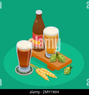 Composition isométrique de brasserie avec bouteille et verres de bière houblon oreille d'orge sur fond vert 3D illustration vectorielle Illustration de Vecteur