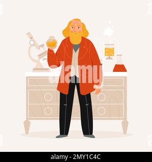 Le grand scientifique russe dmitri mendeleev dans son illustration vectorielle plate de laboratoire Illustration de Vecteur