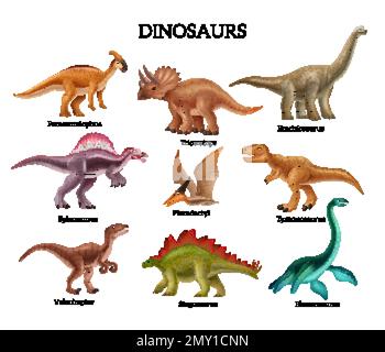 Dinosaures avec triceratops pterodactyl spinosaurus stegosaurus branchiosaurus réaliste et autres espèces isolées illustration de vecteur Illustration de Vecteur