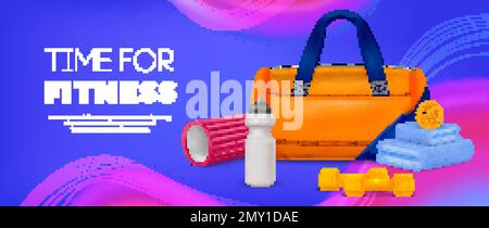 Affiche de temps réaliste pour la forme physique horizontale avec sac de gym et divers outils pour les entraînements sur fond bleu vif et rose vector illustration Illustration de Vecteur