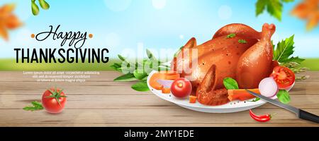 Joyeux Thanksgiving jour affiche horizontale réaliste avec dinde frit ou poulet avec garniture sur l'assiette illustration vectorielle Illustration de Vecteur