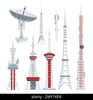 Communication radio tv antenne tours ensemble d'icônes isolées avec vues de la télévision et antennes cellulaires illustration vectorielle Illustration de Vecteur