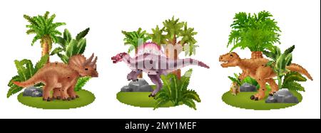 Compositions réalistes de dinosaures avec triceratops tyrannosaurus et spinosaurus et illustrations vectorielles isolées de plantes tropicales Illustration de Vecteur