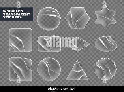 Autocollants réalistes étiquettes transparent ensemble avec cadres en verre isolés avec rides et illustration de vecteur de structure de surface de dégradé mat Illustration de Vecteur