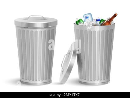 Poubelle en fer réaliste avec composition de déchets de deux vues isolées de poubelles en métal avec illustration de vecteur de déchets Illustration de Vecteur