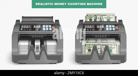 Jeu avec deux vues réalistes isolées de la machine à compter de l'argent avec l'argent chargé et l'illustration du vecteur de périphérique vide Illustration de Vecteur