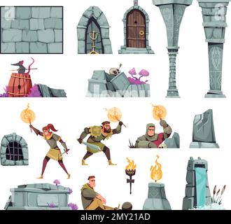 Icônes de dessin animé de château médiéval avec des gens avec des torches dans des donjons illustration vectorielle isolée Illustration de Vecteur