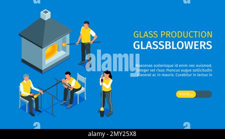 Banderole horizontale de production de verre avec des caractères mâles et femelles de souffleurs de verre près de l'illustration du vecteur isométrique du four de fusion Illustration de Vecteur