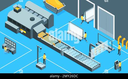 Production de verre arrière-plan isométrique illustré au sol de l'usine avec tableau de commande et illustration du vecteur du convoyeur Illustration de Vecteur