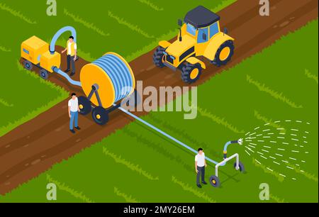 Systèmes d'irrigation arrière-plan isométrique avec pompe et tambour avec illustration du vecteur de long tuyau Illustration de Vecteur