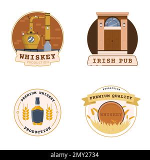 Production de whisky plat 2x2 jeu de compositions isolées avec texte modifiable sur les badges d'emblème et l'illustration vectorielle des icônes Illustration de Vecteur