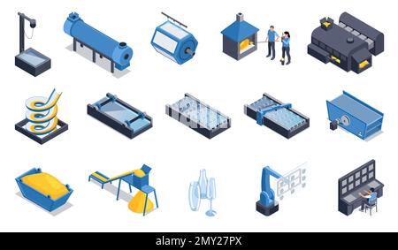 Production de verre ensemble de couleurs isométriques de l'équipement pour le nettoyage fin de la filtration du sable et le lavage wacuum ascenseur illustration de vecteur isolé Illustration de Vecteur