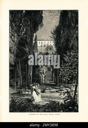 Gravure antique des jardins de la Villa d'Este, située à Tivoli, près de Rome, Italie. Illustration publiée dans la pittoresque Europe, vol III (env Banque D'Images