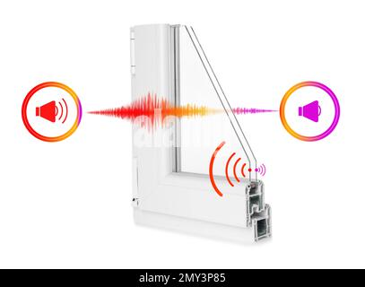 Exemple de profil de fenêtre et illustrations sur fond blanc démontrant l'effet antibruit Banque D'Images