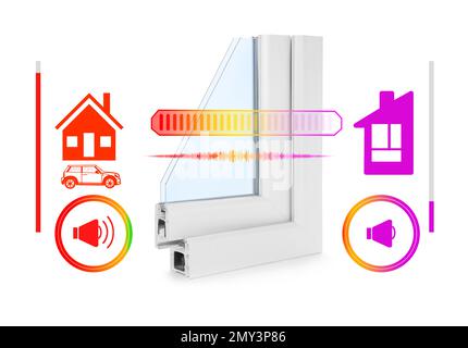 Exemple de profil de fenêtre et illustrations sur fond blanc démontrant l'effet antibruit Banque D'Images
