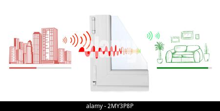 Exemple de profil de fenêtre et illustrations sur fond blanc démontrant l'effet antibruit Banque D'Images