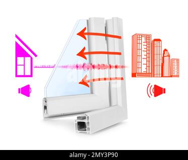 Exemple de profil de fenêtre et illustrations sur fond blanc démontrant l'effet antibruit Banque D'Images