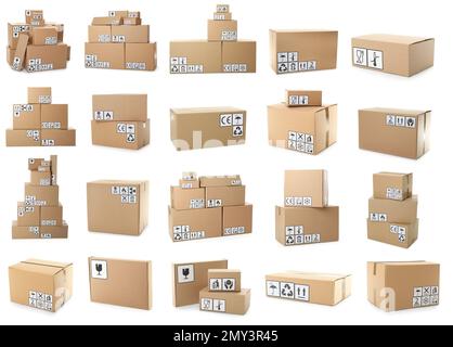 Jeu de boîtes en carton avec symboles d'emballage sur fond blanc Banque D'Images
