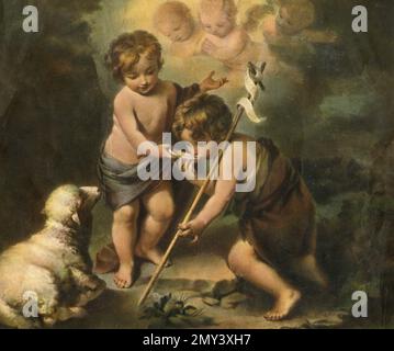 Le Christ enfant et le bébé Jean-Baptiste avec une carapace ou les enfants Saints avec une carapace, peinture de l'artiste espagnol Bartolomé Esteban Murillo, illustration en couleur 1900s Banque D'Images