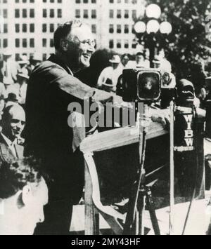 Homme politique américain, avocat et président Franklin Delano Roosevelt lors d'un rassemblement politique, USA 1930s, Banque D'Images