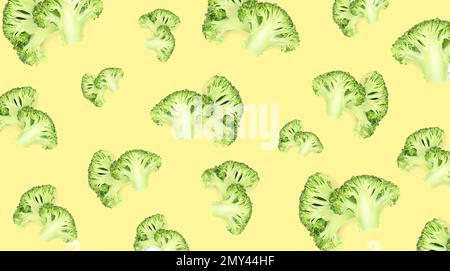 Motif de brocoli vert frais sur fond jaune pâle, motif bannière Banque D'Images