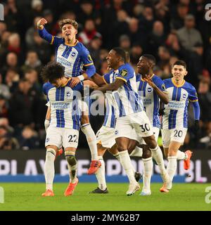 Brighton et Hove, Royaume-Uni. 04th févr. 2023. Kaoru Mitoma, de Brighton & Hove Albion, rentre chez lui en 1-0 et célèbre le match de la Premier League entre Brighton et Hove Albion et Bournemouth au stade communautaire American Express, à Brighton et Hove, en Angleterre, le 4 février 2023. Photo de Ken Sparks. Utilisation éditoriale uniquement, licence requise pour une utilisation commerciale. Aucune utilisation dans les Paris, les jeux ou les publications d'un seul club/ligue/joueur. Crédit : UK Sports pics Ltd/Alay Live News Banque D'Images