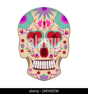 Crâne de sucre mexicain isolé sur fond blanc. Dia de Los Muertos. Jour des morts. La culture mexicaine. Crâne avec décoration florale. Illustration vectorielle Illustration de Vecteur