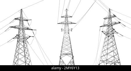 Collage avec tours haute tension isolées sur blanc. Transmission de puissance électrique Banque D'Images