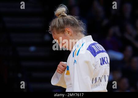 Daria Bilodid (UKR) dans la catégorie femmes  57kg a remporté la médaille de bronze contre Telma Monteiro (por) lors de l'International Judo Paris Grand Chelem 2023 (IJF) sur 4 février 2023 à l'arène Accor à Paris, France - photo Stephane Allaman / DPPI Banque D'Images