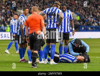 Sheffield Wednesday forward Callum Paterson (13) est blessé et reçoit un traitement pendant le match Sky Bet League 1 Sheffield Wednesday vs Plymouth Argyle à Hillsborough, Sheffield, Royaume-Uni, 4th février 2023 (photo de Stanley Kasala/News Images) Banque D'Images